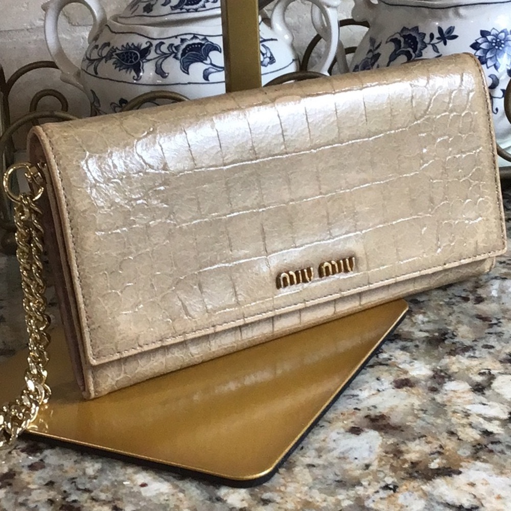 Miu Miu Metallic Gold Clutch with unbranded wristlet chain